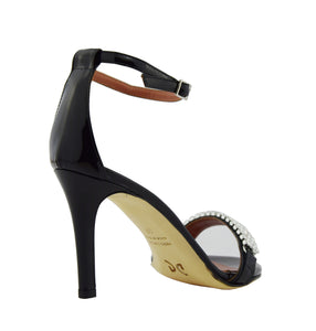 90mm heel sandal in black patent leather with crystal tennis