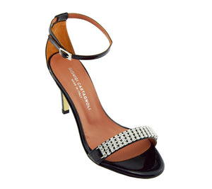 90mm heel sandal in black patent leather with crystal tennis