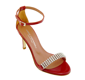 90mm heel sandal in red patent leather with crystal tennis