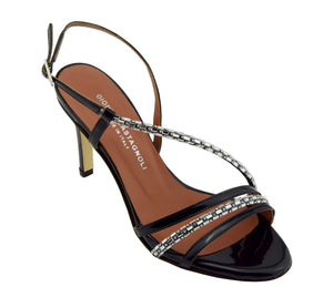 90mm heel sandal in black patent leather with crystal stripe